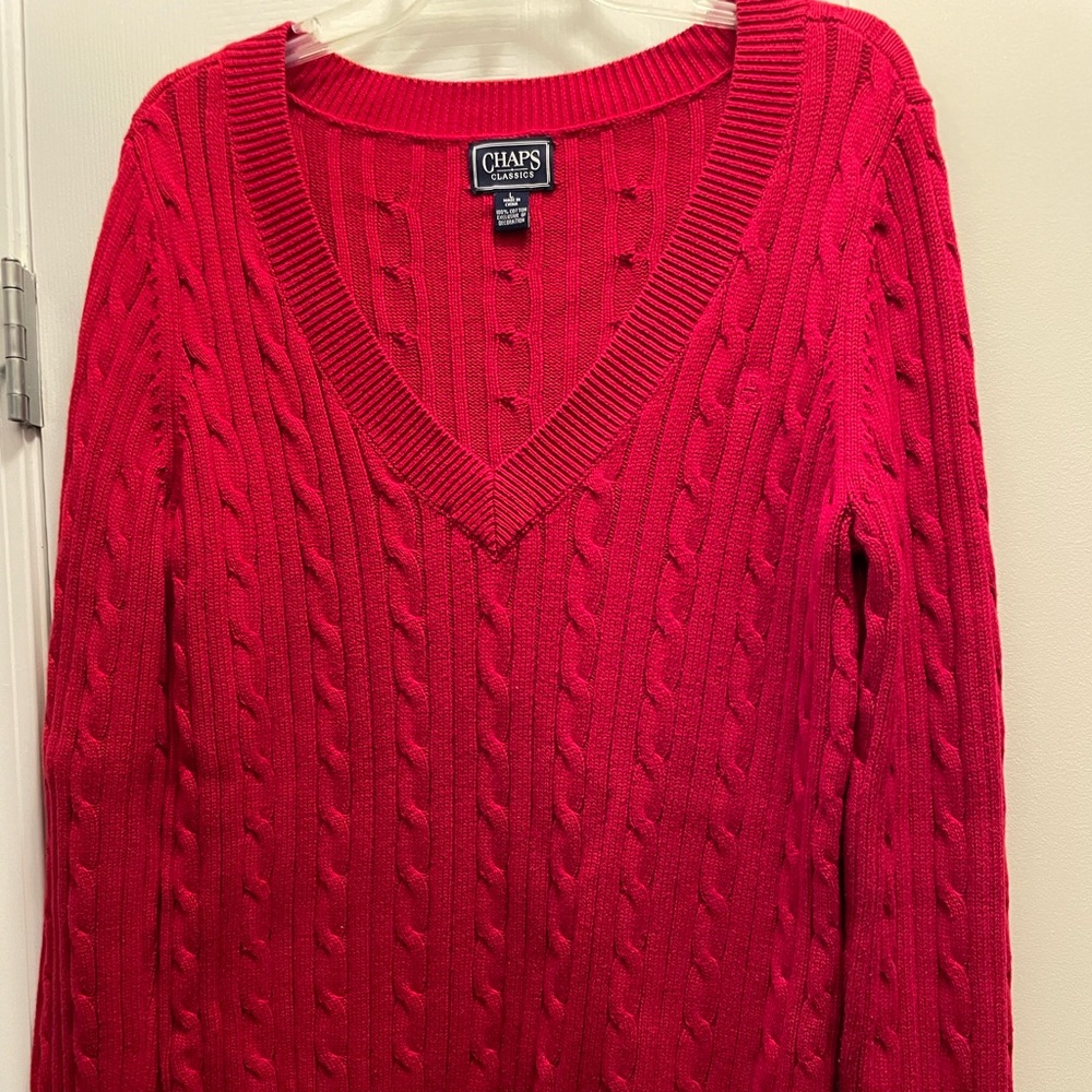 Chaps Women’s Size Large Red Cable Knit V-Neck Long Sleeved Pullover Sweater